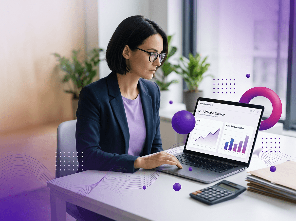 Businesswoman analyzing a laptop dashboard showing cost-effective marketing strategy with ROI and cost per conversion charts