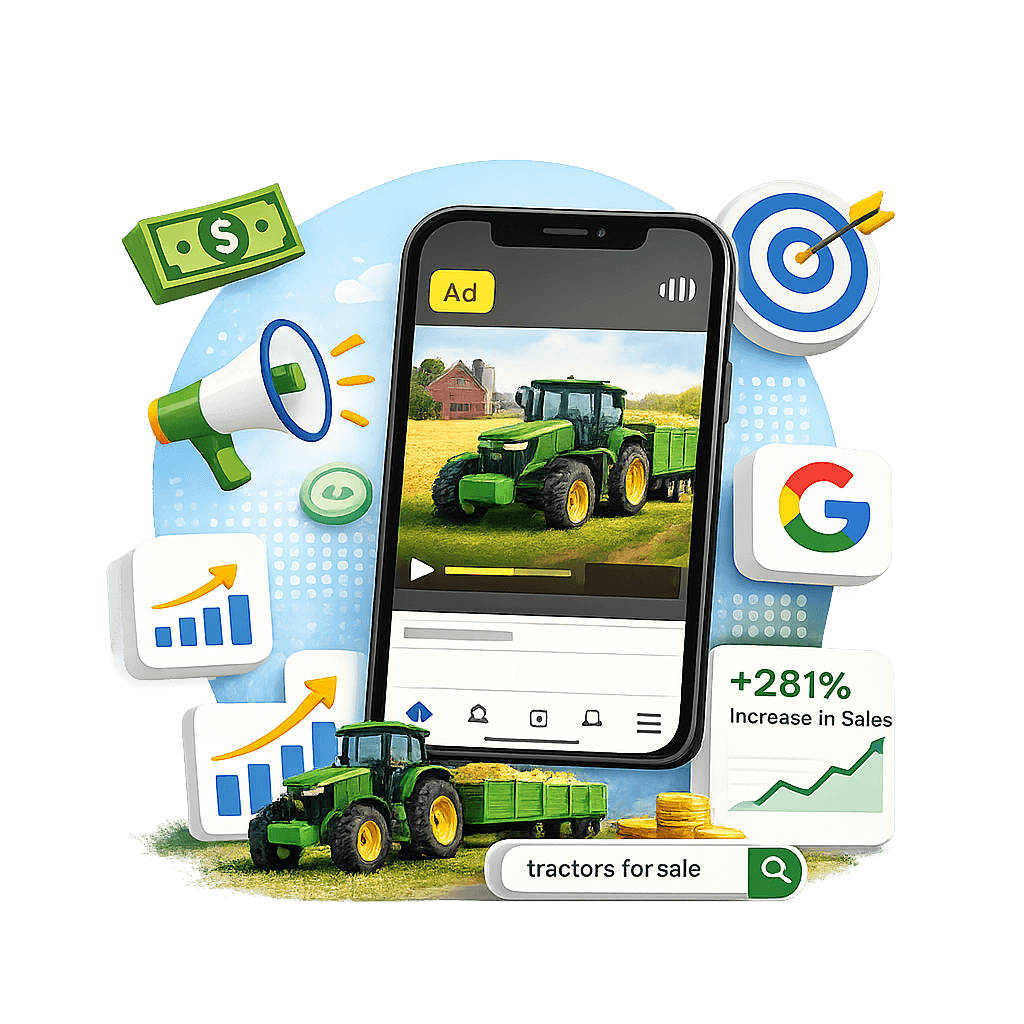 Illustration of phone displaying tractor video ad surrounded by Google search and sales growth icons