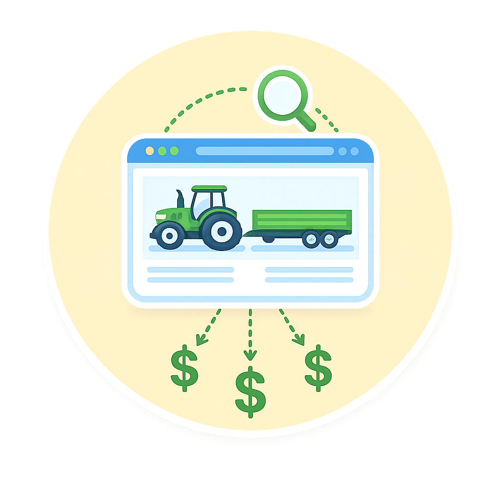 Illustration of tractor listing webpage with search icon and dollar signs showing revenue flow