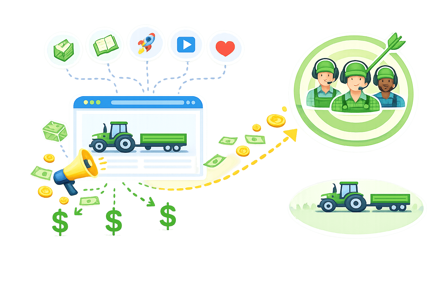 Illustration of tractor listing webpage with megaphone, revenue icons, and farmer audience target circle