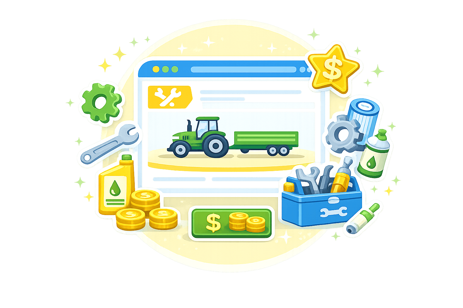Illustration of tractor parts listing webpage surrounded by tools, oil, and maintenance supply icons