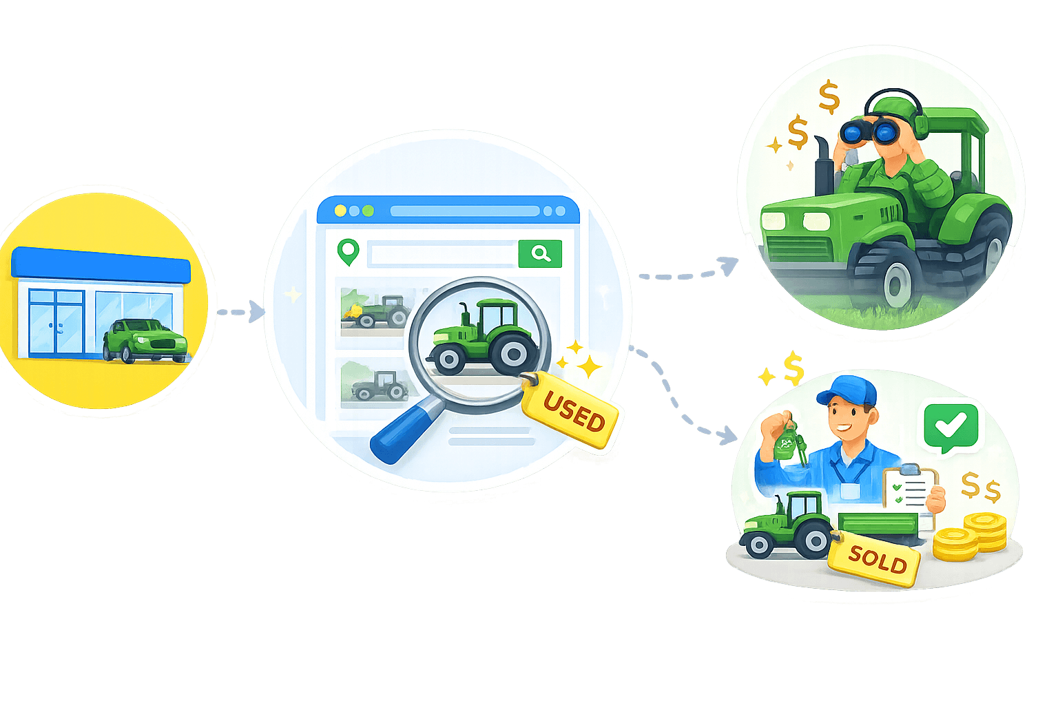 Illustration showing dealership storefront leading to search results and farmer completing used tractor purchase