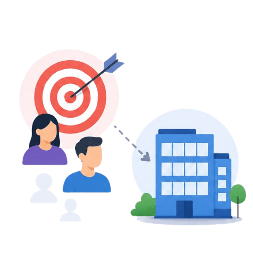 Flat icon of two people beside a red target with an arrow pointing toward a blue office building, representing targeted local business marketing