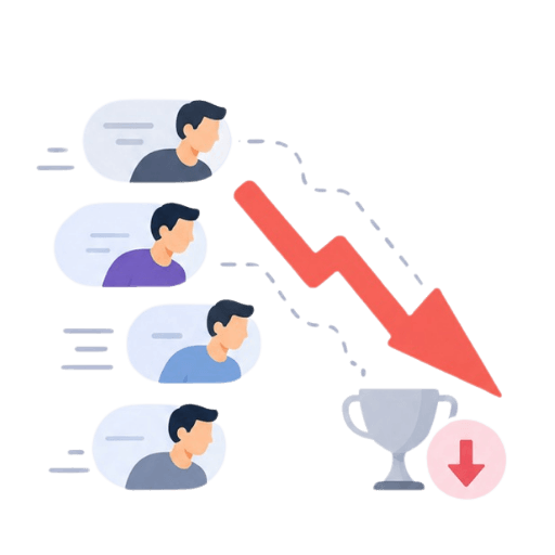 Flat icon of four customer profile rows connected by a downward red arrow pointing to a shrinking trophy, representing declining customer retention or lost rankings