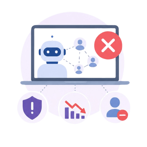 Flat icon of a robot connected to a customer network on a laptop screen with a red X, alongside warning, declining chart, and blocked user icons, representing AI marketing risks or failures