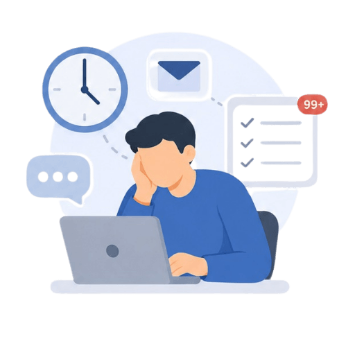 Illustration of a stressed professional overwhelmed by emails, notifications, time pressure, and to-do lists while working on a laptop, representing workload burnout