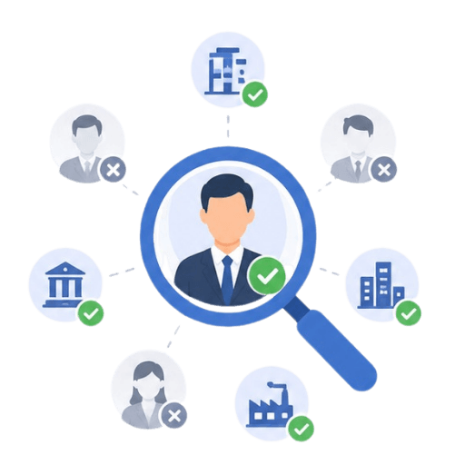 Illustration of lead targeting process showing a magnifying glass identifying a qualified prospect while filtering out unqualified contacts and companies
