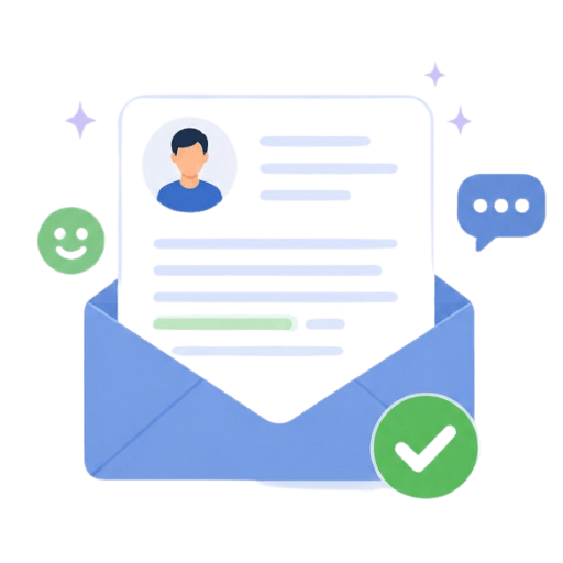 Illustration of a verified contact profile inside an open envelope with a checkmark, representing validated lead information ready for outreach