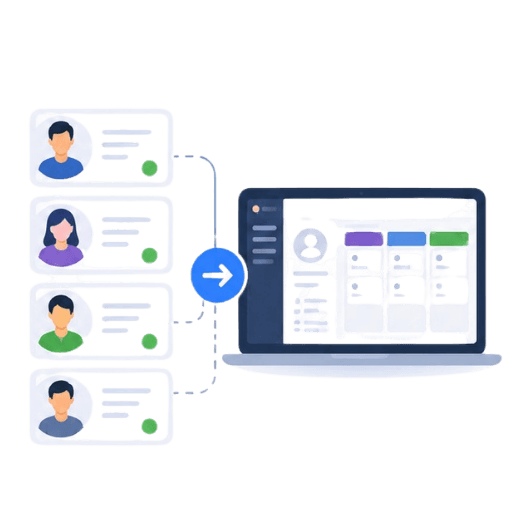 Illustration of multiple contact profiles flowing into a CRM dashboard, representing lead data syncing automatically into a sales pipeline