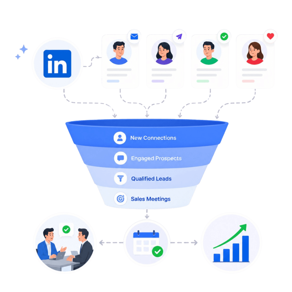 Illustration of a LinkedIn lead generation funnel showing stages from new connections to engaged prospects, qualified leads, and booked sales meetings