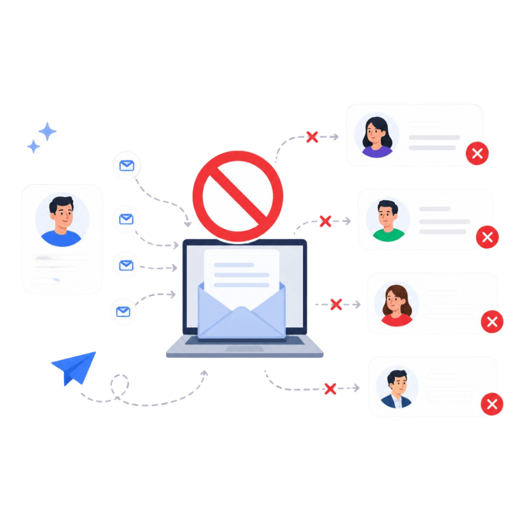 Illustration of blocked cold email outreach showing multiple messages rejected by recipients, representing ineffective or unpersonalized email campaigns