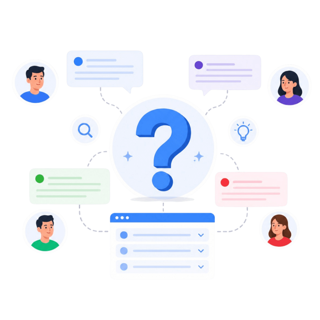 Illustration of a central question mark surrounded by customer chat bubbles and an FAQ dropdown menu, representing common customer support questions