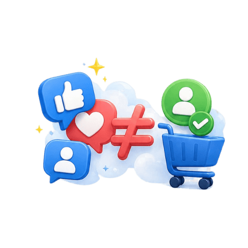 Illustration contrasting social media likes and hearts with a not-equal sign against a verified customer adding to cart, representing engagement versus real sales