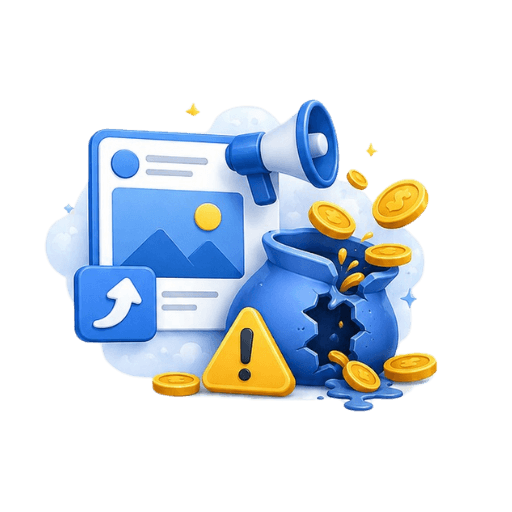 Illustration of a torn money bag spilling coins beside an ad creative and warning icon, representing wasted advertising budget and poor ad performance