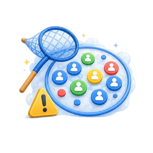 Illustration of a net catching a broad mix of user profiles with a warning icon, representing untargeted or unqualified audience reach in ad campaigns