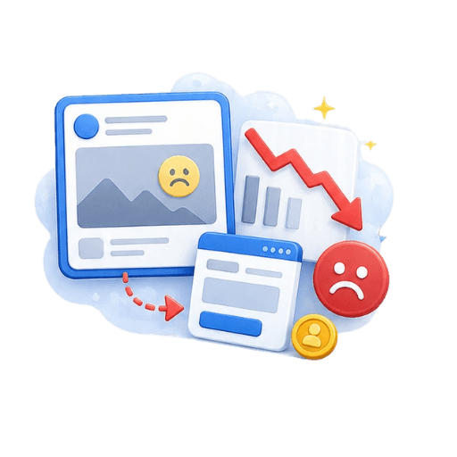 Illustration of a social media post with a sad face, declining performance chart, and frowning icon, representing poor ad engagement and low conversions
