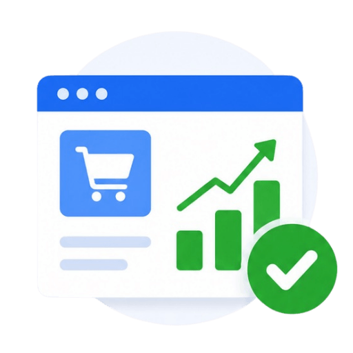 Illustration of a webpage shopping cart icon next to a rising green bar graph and checkmark, representing increased ecommerce sales performance