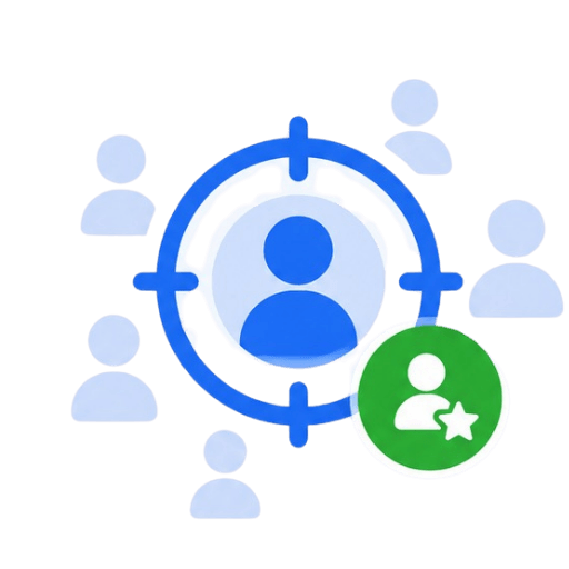 Illustration of a target reticle focused on a single customer profile among a faded crowd, representing precise audience targeting in advertising