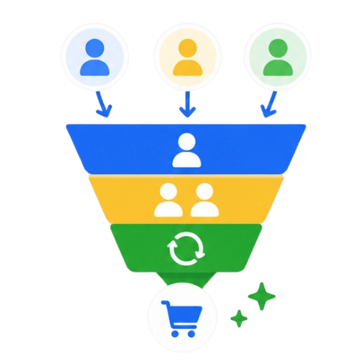 Illustration of a marketing funnel showing multiple customer profiles narrowing down to a repeat purchase shopping cart icon