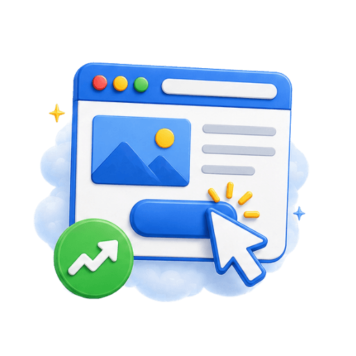 Illustration of a webpage with an image, text, and a clicked call-to-action button beside a rising growth arrow, representing ad click conversions