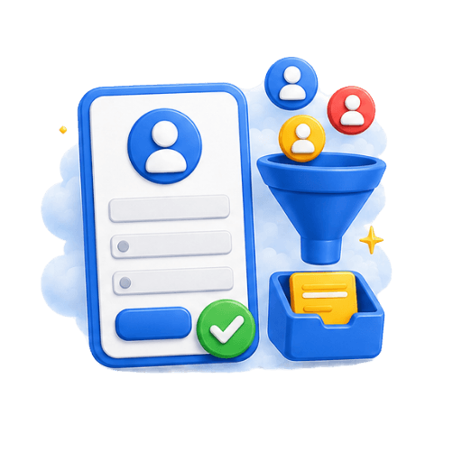 Illustration of a lead generation form with a checkmark, funnel, and customer profiles flowing into a message inbox, representing lead form submissions
