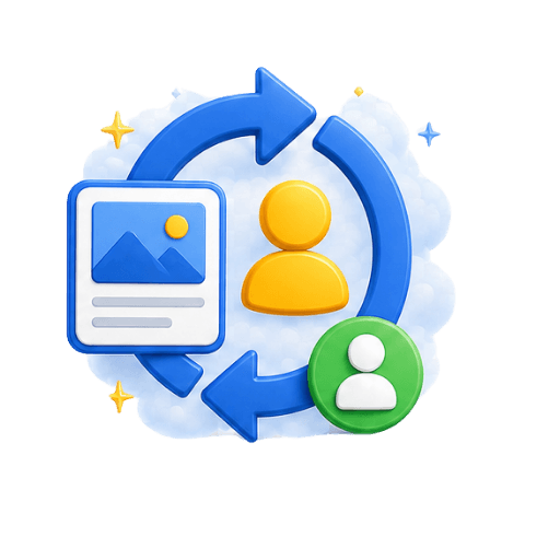 Illustration of an ad creative connected to a customer profile by circular retargeting arrows, representing remarketing to repeat customers
