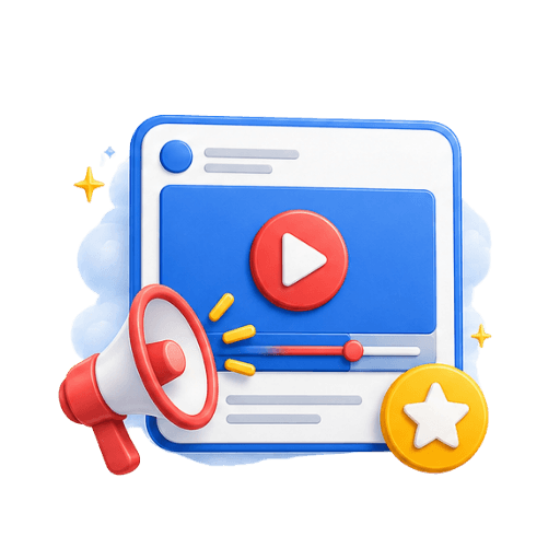 Illustration of a social media video advertisement with a play button, megaphone, and star rating icon, representing video ad promotion and engagement