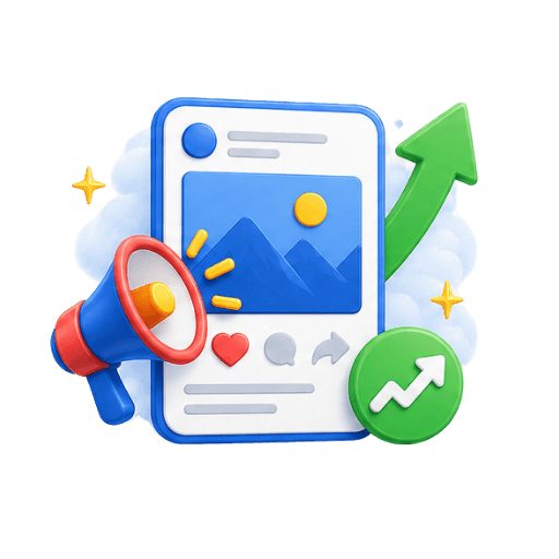 Illustration of a social media post with a megaphone and rising green arrow, representing increased engagement and reach from Facebook advertising