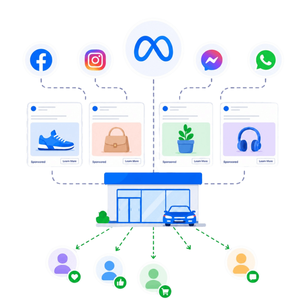 Illustration of Facebook, Instagram, Messenger, and WhatsApp ads for shoes, bags, plants, and headphones promoting a storefront to multiple customers