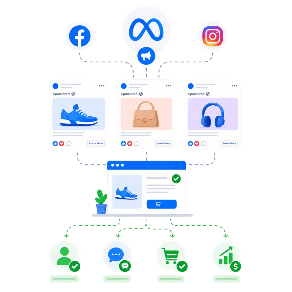 Illustration of Facebook and Instagram sponsored product ads linking to a website with a shopping cart, representing ad-to-conversion customer journey