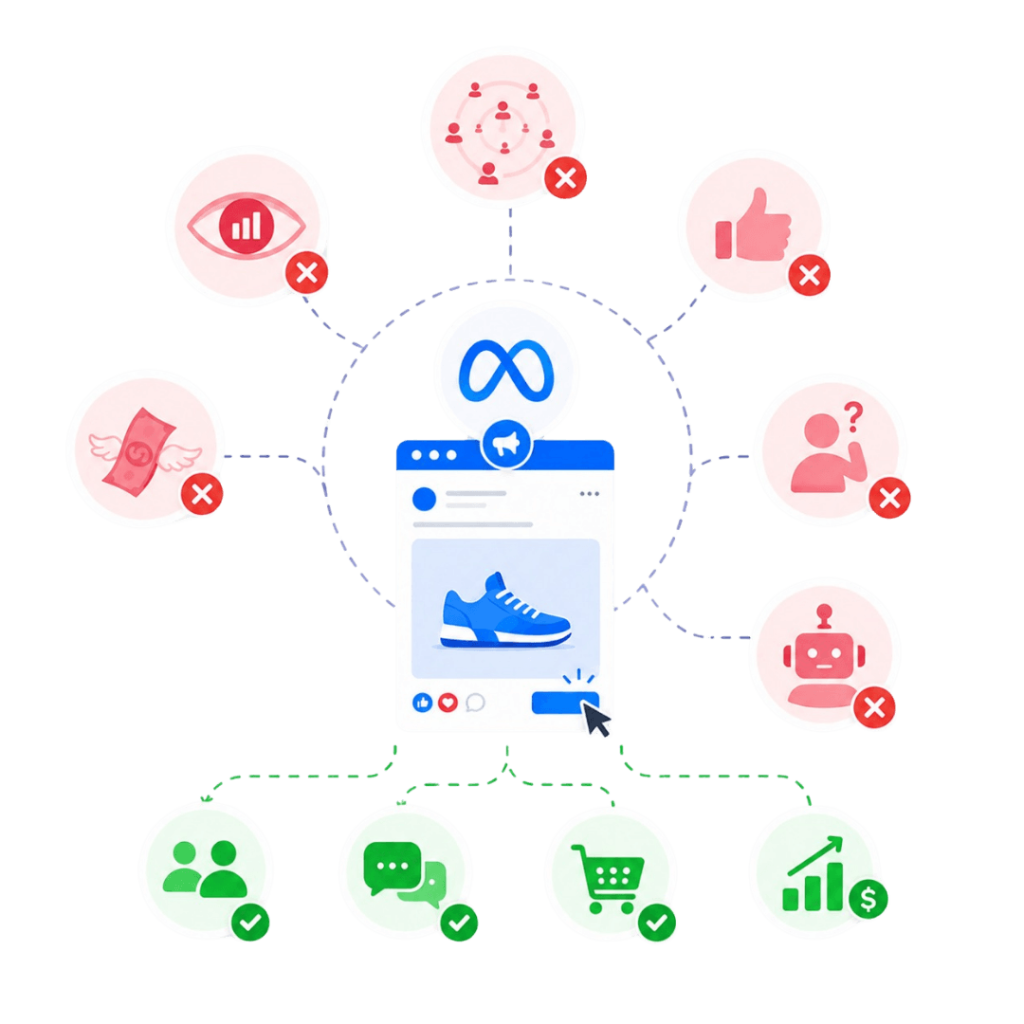 Illustration comparing failed Meta ad outcomes like low visibility and wasted spend with successful results like engagement, sales, and revenue growth