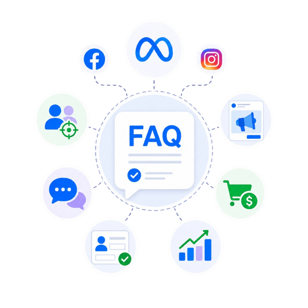 Illustration of a Facebook, Meta, and Instagram FAQ hub with icons for targeting, messaging, sales, and analytics representing common ad questions