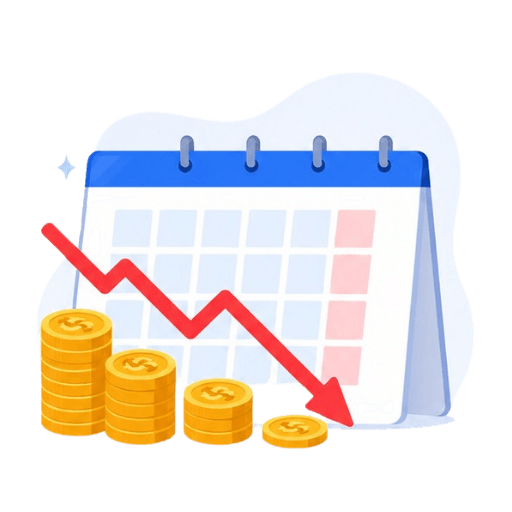 Illustration of a calendar with a downward arrow and shrinking stacks of coins, representing reduced advertising or recruiting costs over time