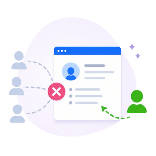 Illustration of a candidate profile with unqualified applicants crossed out and a single qualified green profile highlighted, representing applicant screening
