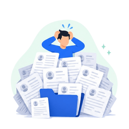 Illustration of a stressed person surrounded by a large pile of resumes and applicant folders, representing recruiter overwhelm from high application volume