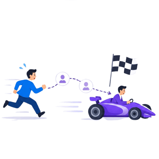 Illustration of a person running on foot while a competitor speeds ahead in a race car toward candidates and a finish line, representing slow hiring processes
