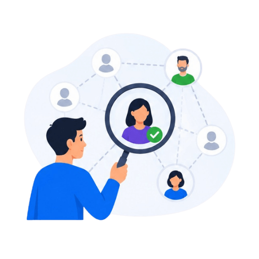 Illustration of a recruiter using a magnifying glass to identify a verified candidate within a connected network of applicant profiles