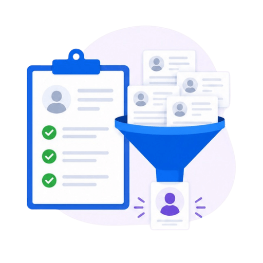 Illustration of a candidate checklist with approved qualifications funneling multiple resumes down to one selected applicant profile