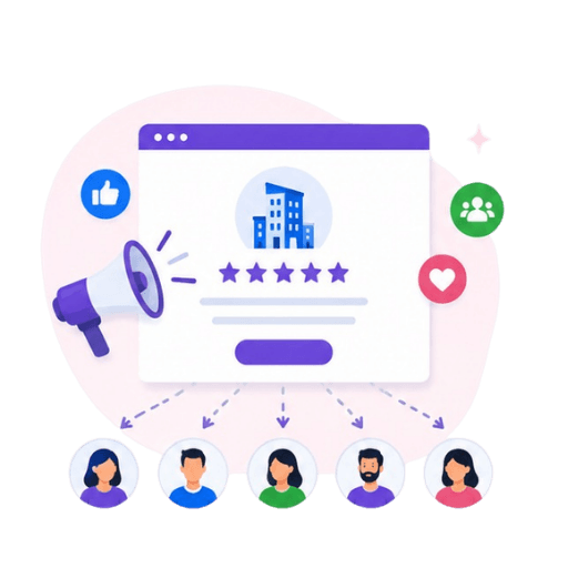 Illustration of a business profile with a five star rating and megaphone reaching multiple customers, representing positive reviews driving referrals