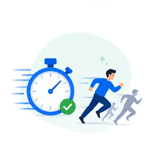 Illustration of a person running ahead of competitors next to a fast-moving stopwatch with a checkmark, representing quick candidate sourcing and hiring speed