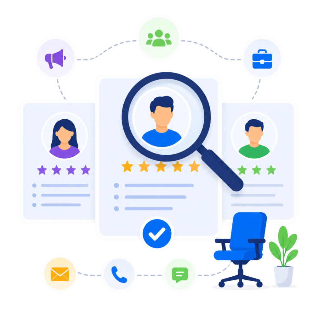 Illustration of a magnifying glass highlighting a top-rated candidate resume among other applicants, surrounded by icons for hiring, outreach, and contact methods