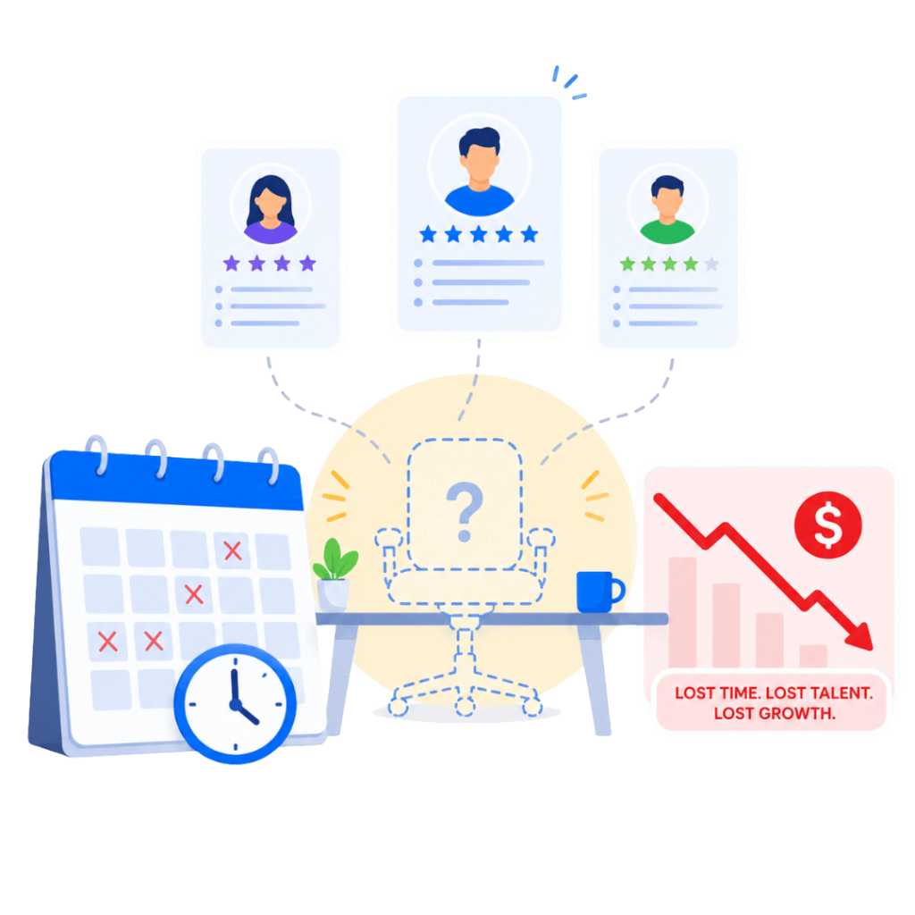 Illustration of an empty office chair and desk surrounded by candidate resumes, a calendar with missed dates, and a declining revenue chart labeled lost time lost talent lost growth