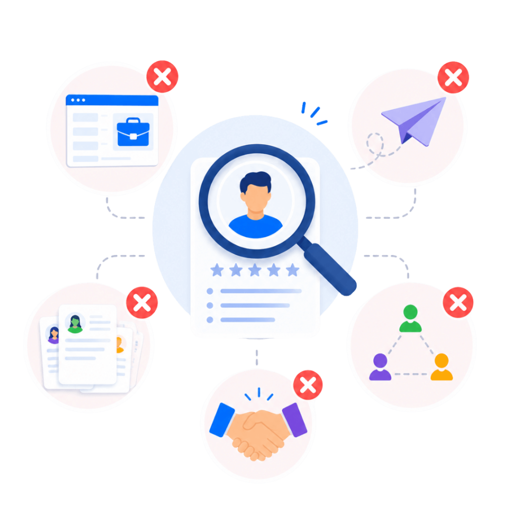 Illustration of a candidate resume search crossed out alongside icons for job boards, referrals, networking, and handshakes, representing ineffective recruiting methods