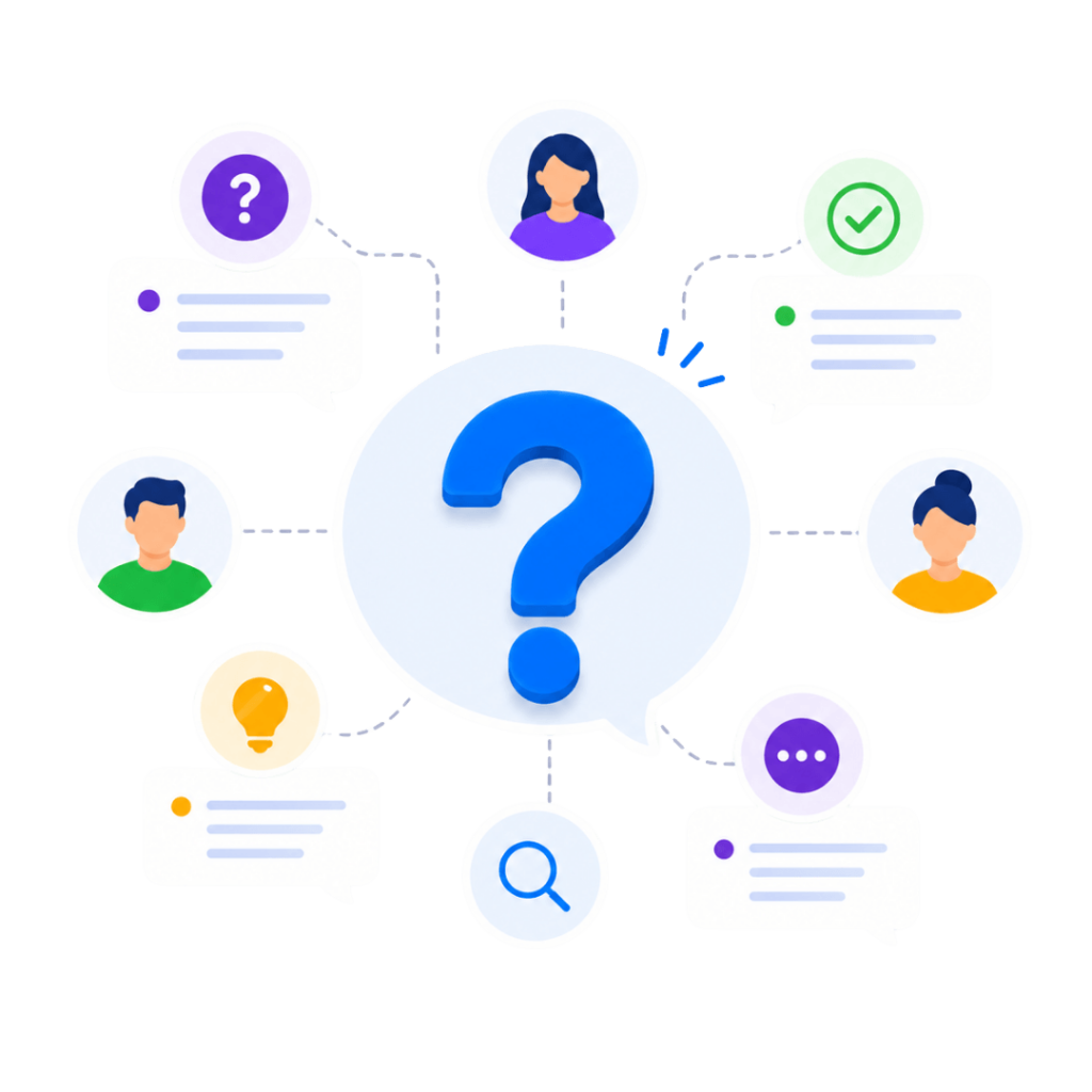 Illustration of a central question mark surrounded by candidate profiles, chat bubbles, and icons for search and approval, representing common hiring and screening questions