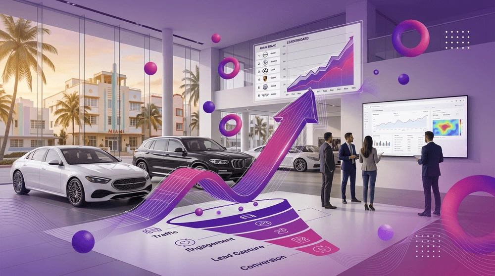 Miami car dealership team reviewing a lead funnel and brand leaderboard showing conversion growth.