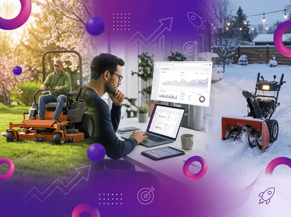 Outdoor power equipment dealer reviewing seasonal marketing analytics for mowing and snow removal.