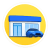 Flat icon illustration of car dealership storefront with blue vehicle parked in front